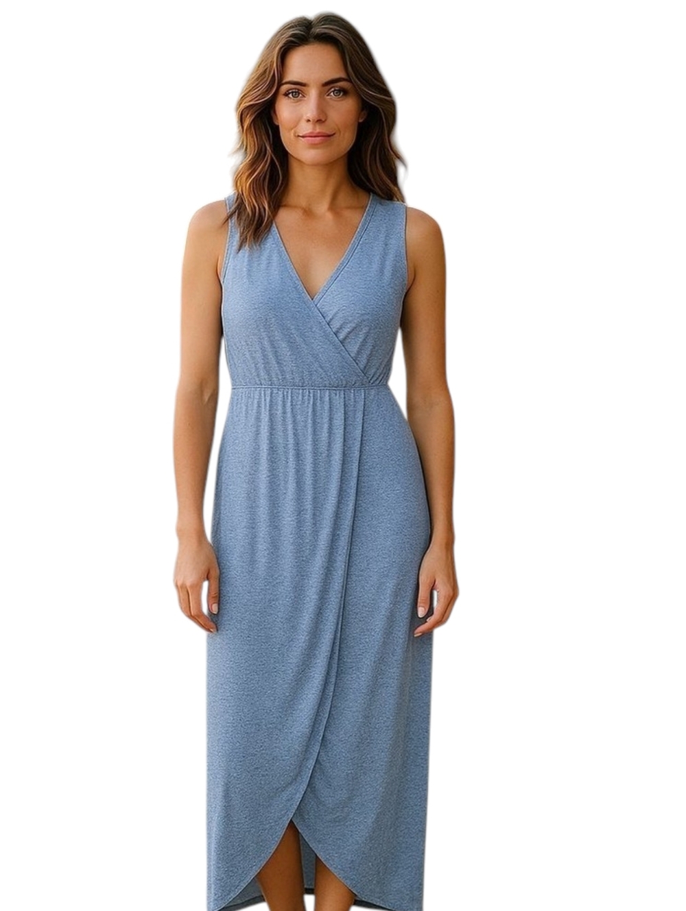 NEW YORK & CO Heather Blue Sleeveless Faux Wrap Ruched Maxi Dress Size Medium